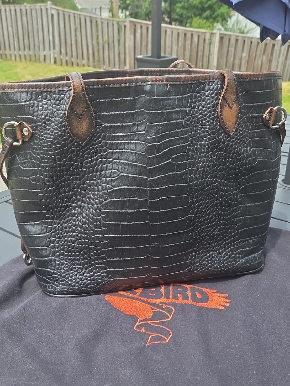 Freebird by Steven Black Croc-Embossed Tote with Brown Trim